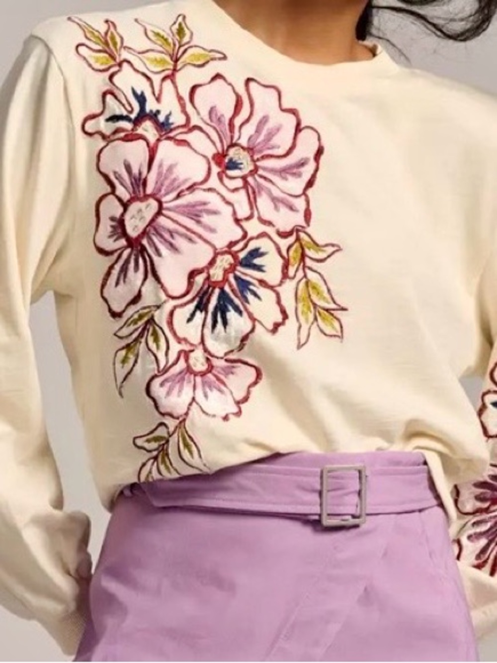 Anthropologie Cream Embroidered Floral Sweatshirt with Pink & Navy Accents XS